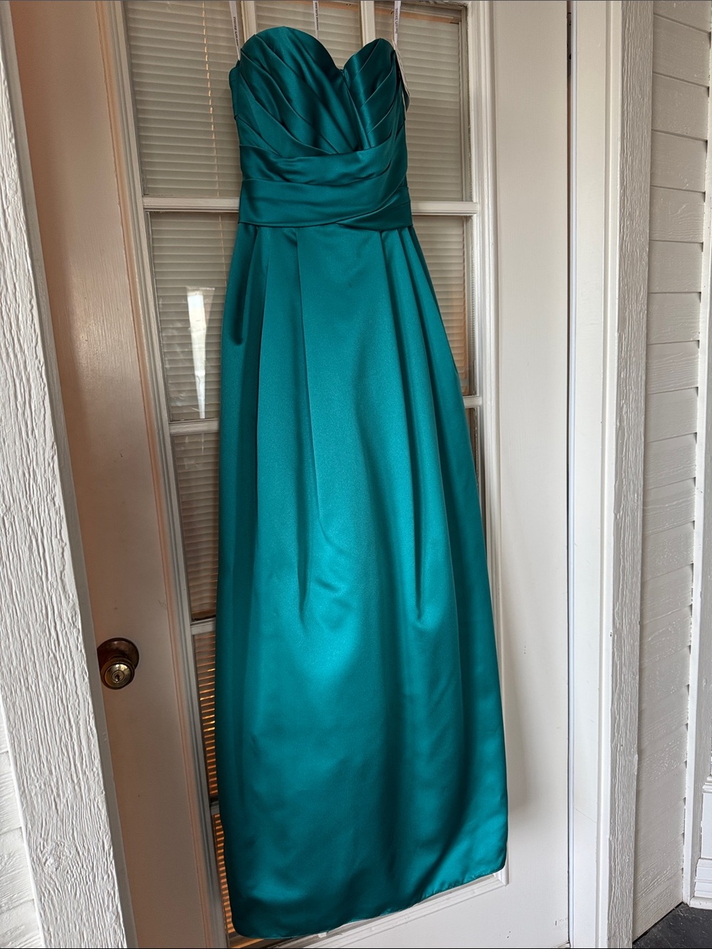 David's Bridal Teal Strapless Satin Maxi Gown